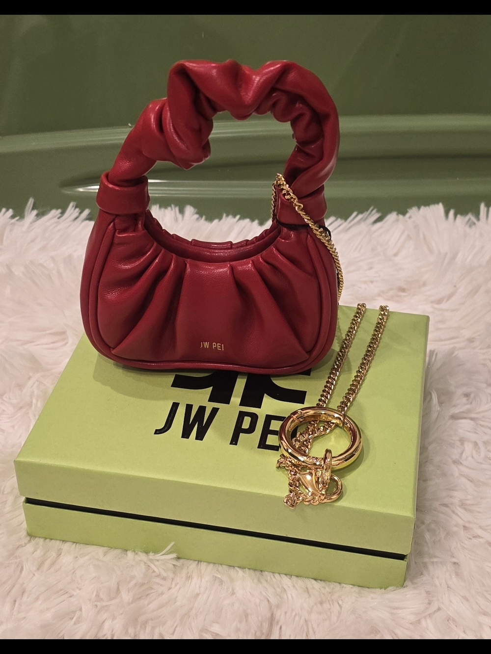 JW PEI Cherry Red Mini Scrunch Handle Shoulder Bag with Gold Chain